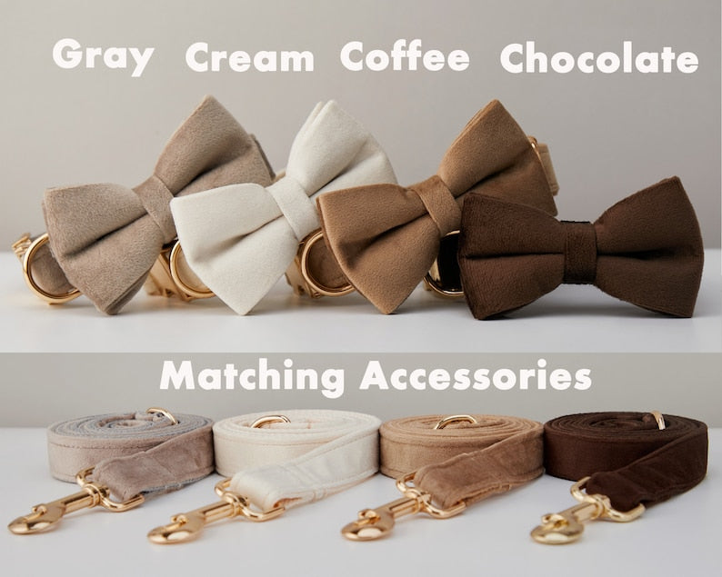 Multiple Colour Velvet Personalise Dog Collar Leash Set With Bow