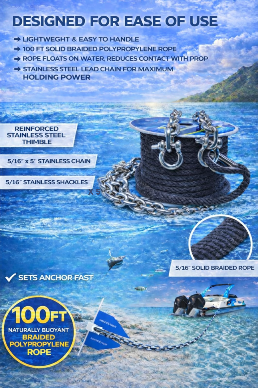 100ft x 3/8 Anchor Line, 5ft (316SS) Chain