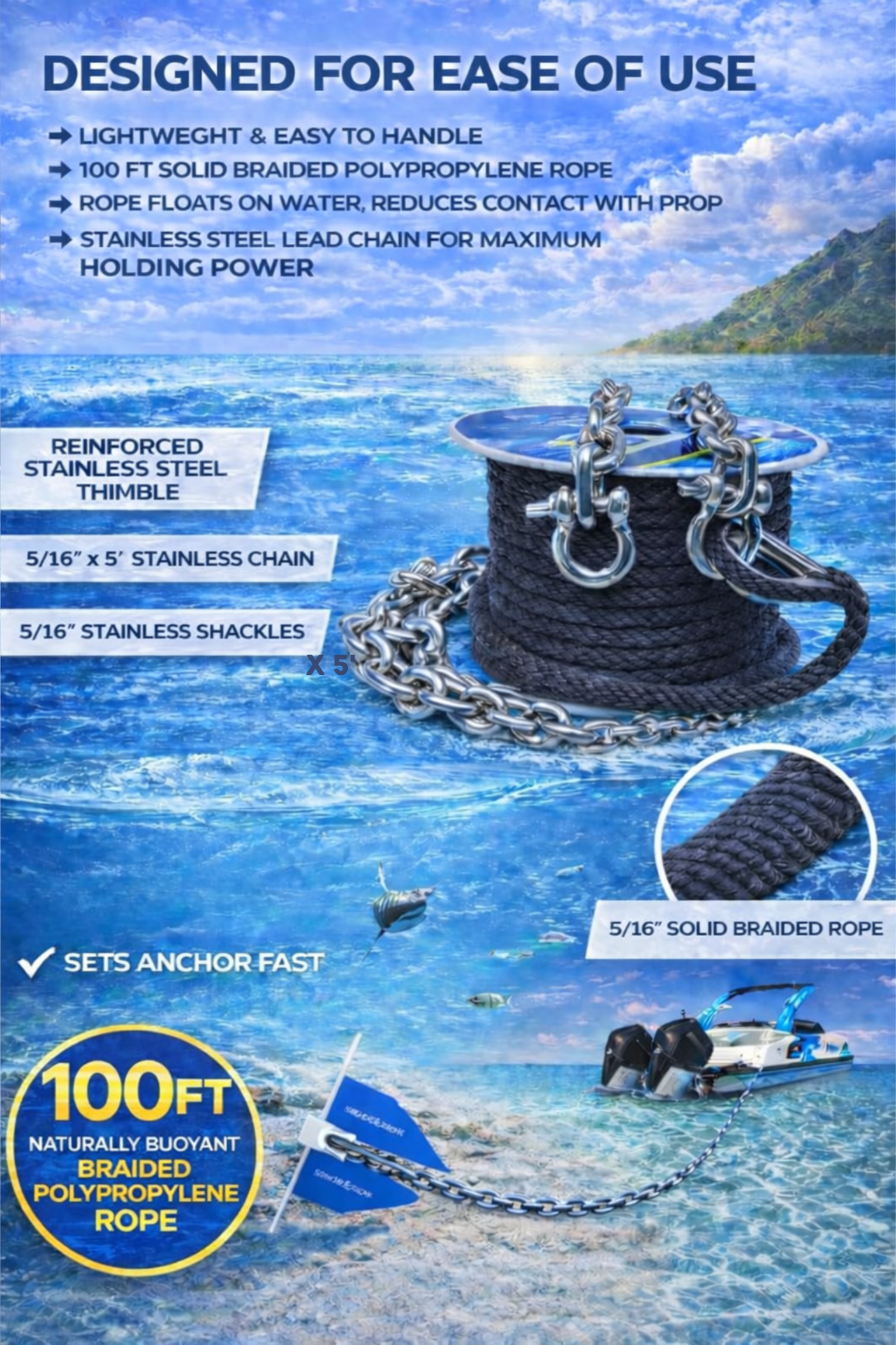 100ft x 3/8 Anchor Line, 5ft (316SS) Chain