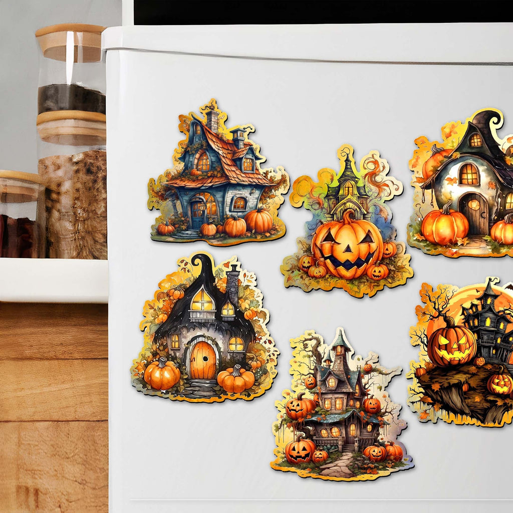 Spooky Houses Decorative Eco Wood Magnets Set of 6