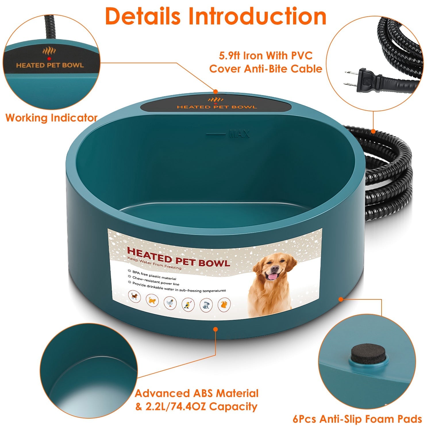 Heated Water Bowl for Dog Cat 74.4OZ
