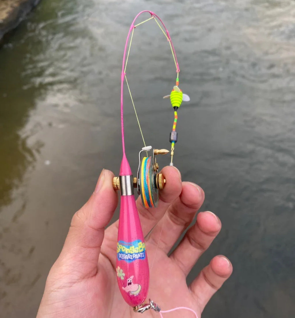 Handmade fishing rod with wheels for MicroFishing
