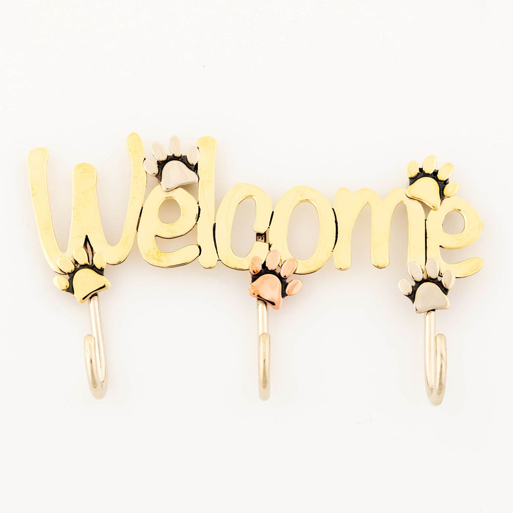 Welcome Paw Print Metal Sign with Hooks