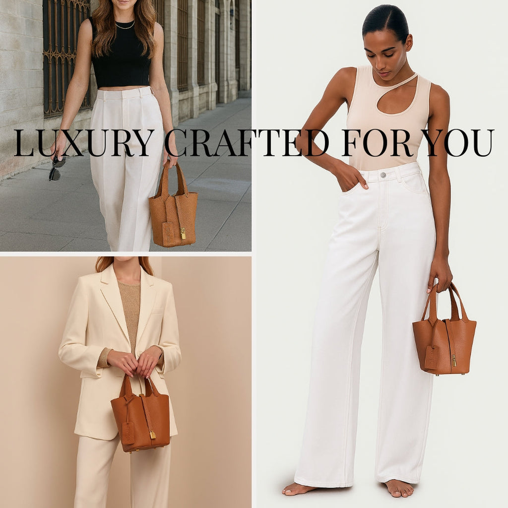 Leather Bucket Bag with Drawstring Pouch – Leather Satchel, Everyday Handbag with Mini Lock Design