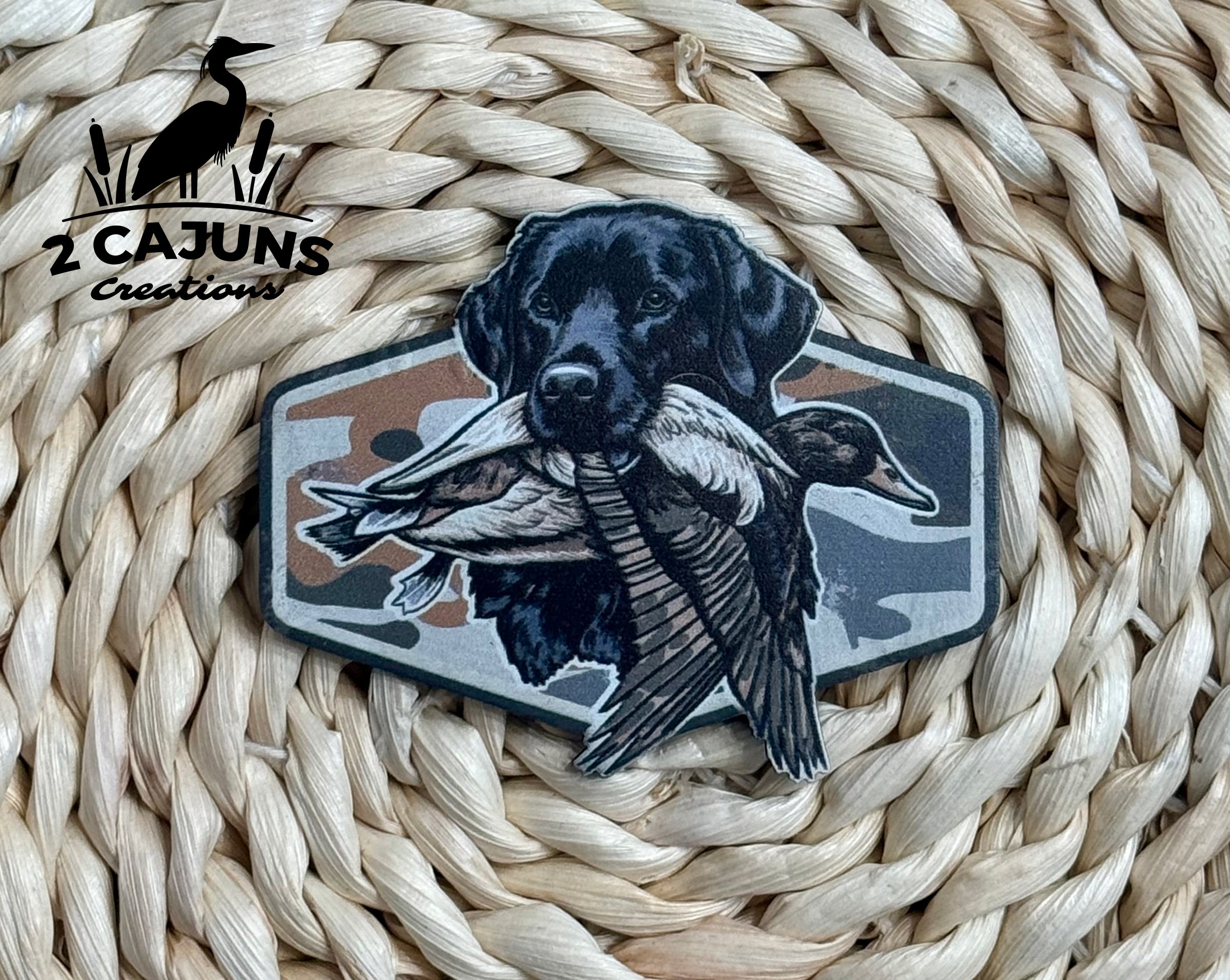 Duck Hunting Dog Camo UV Printed Leatherette Hat Patch