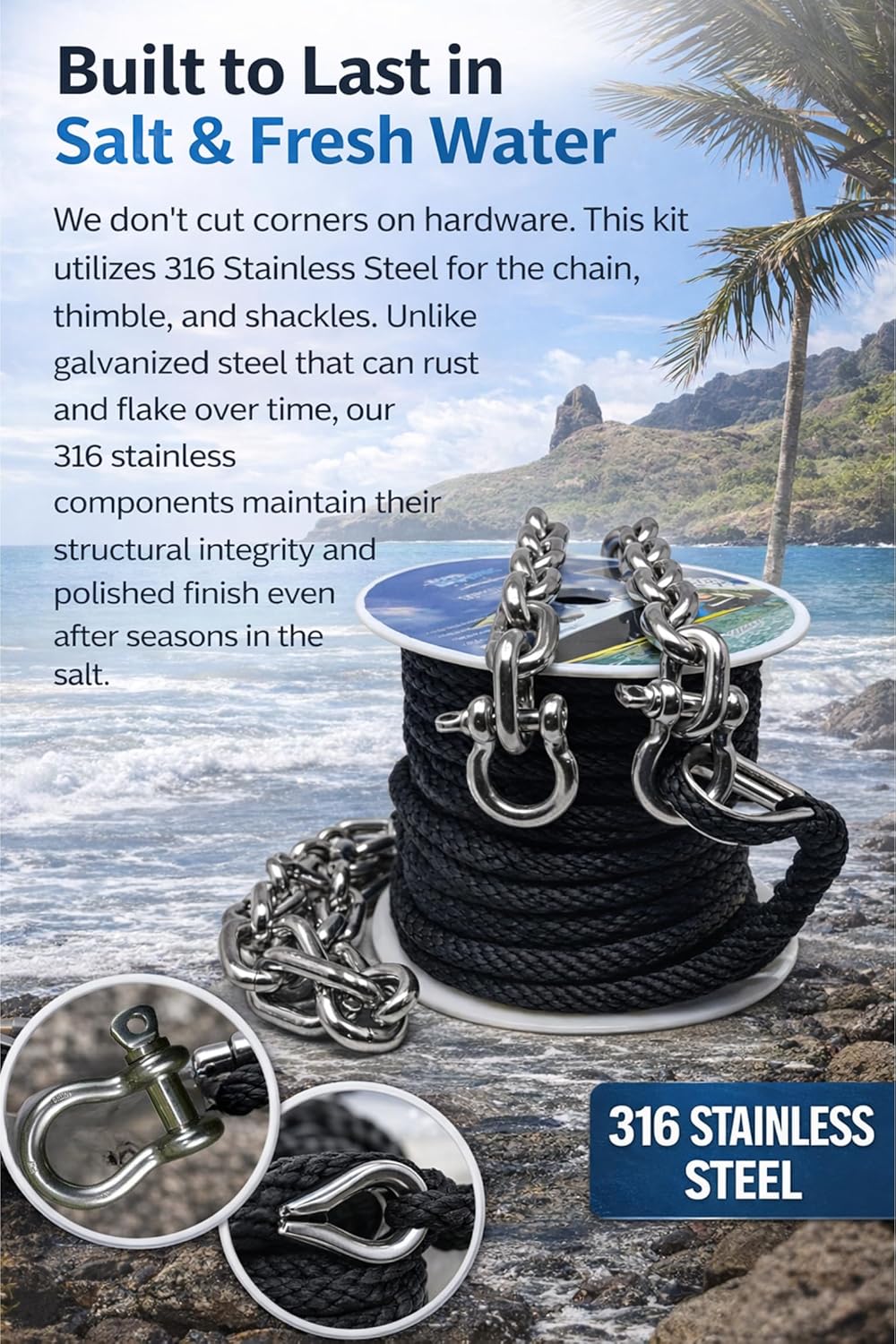 100ft x 3/8 Anchor Line, 5ft (316SS) Chain