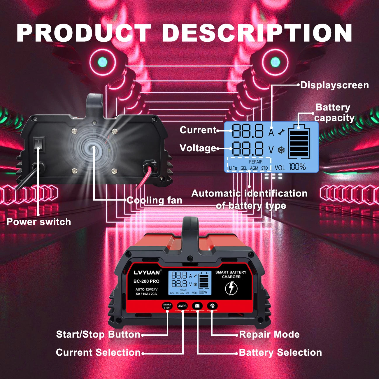 Auto DC12V 24V Battery Charger Smart LCD Display