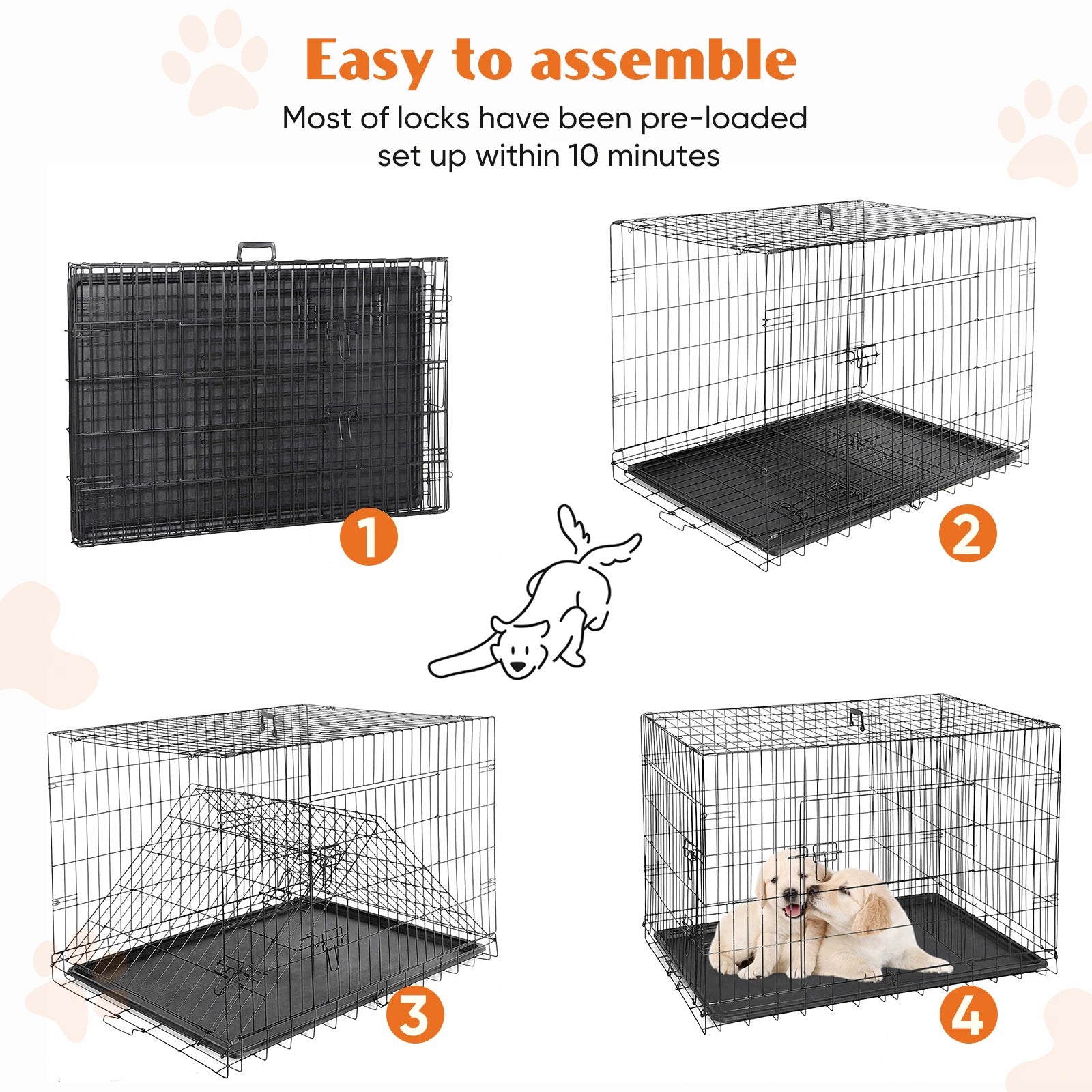 Double Door Folding Metal Wire Dog Crate with Plastic Leak-Proof Pan