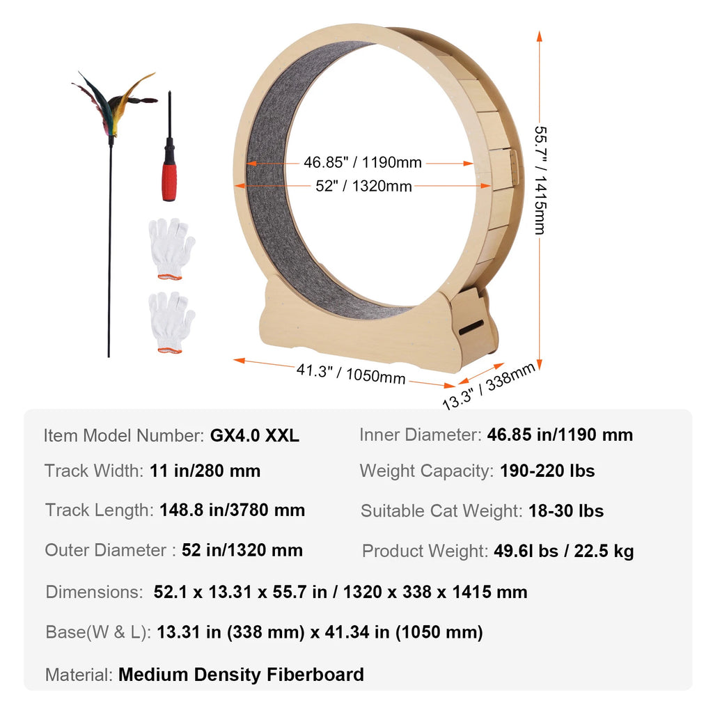 Wooden Cat Exercise Wheel with Detachable Carpet & Cat Teaser