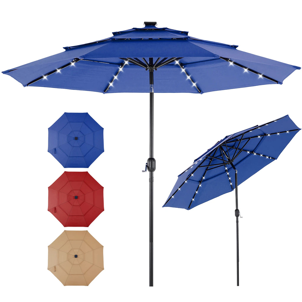 10FT, 3-Tier Patio Umbrella, 32 LED Solar Lights