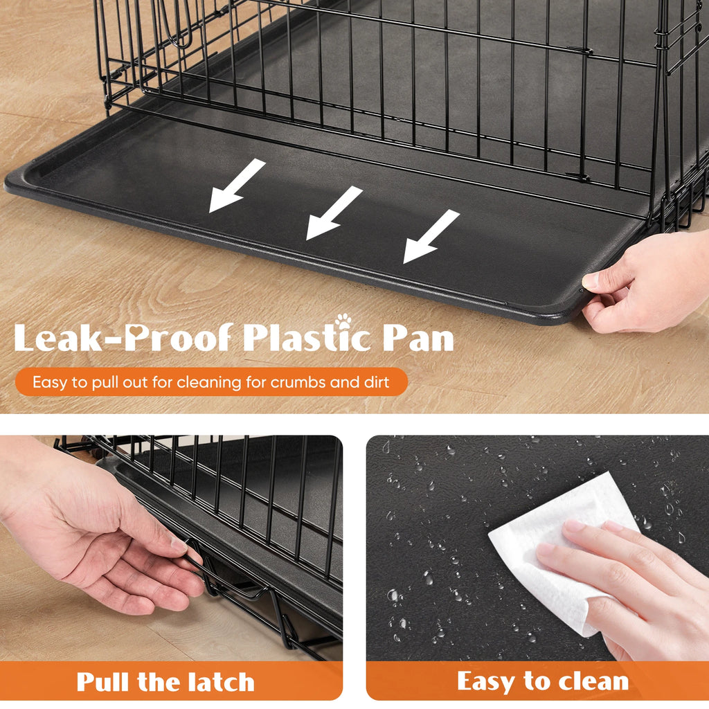 Double Door Folding Metal Wire Dog Crate with Plastic Leak-Proof Pan
