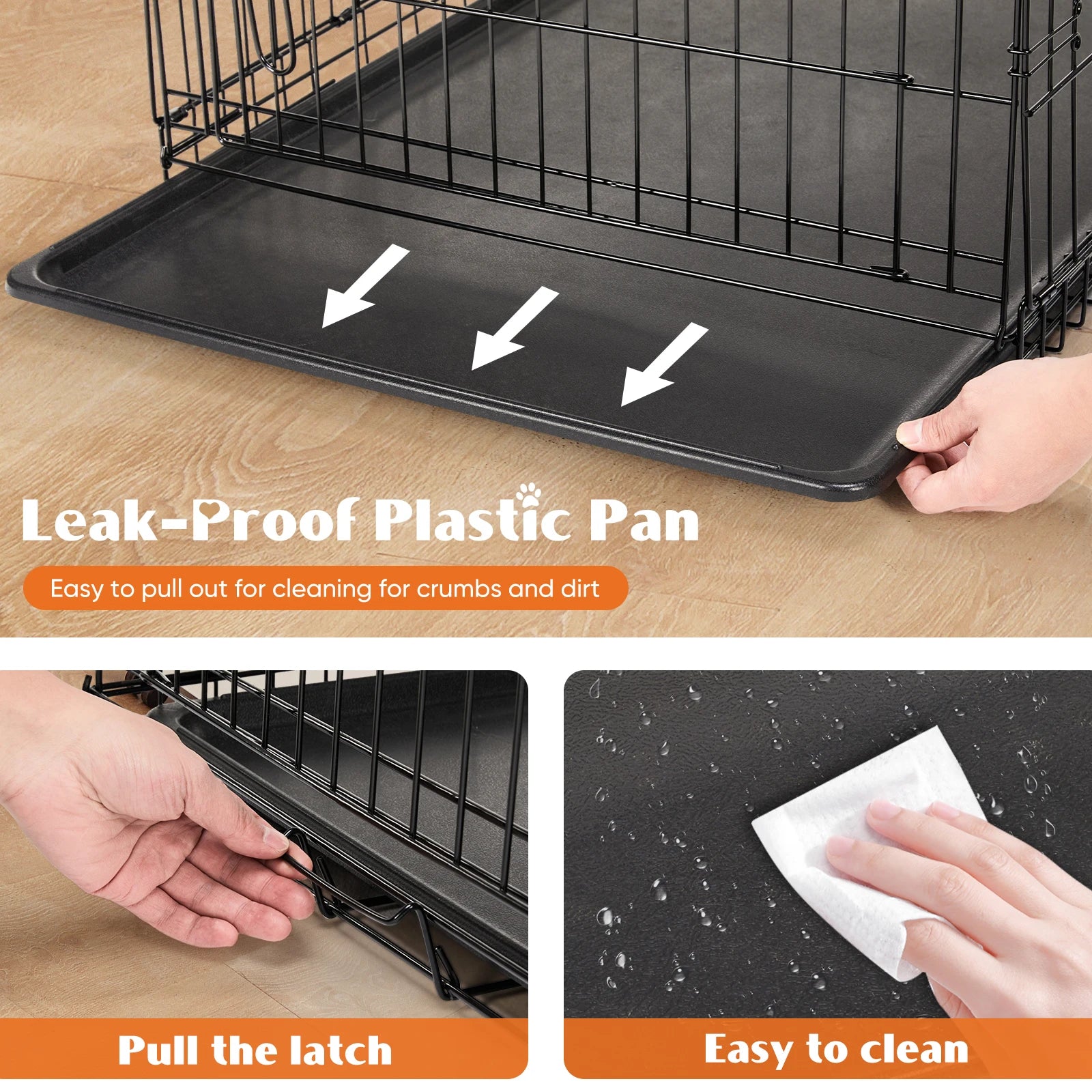 Double Door Folding Metal Wire Dog Crate with Plastic Leak-Proof Pan