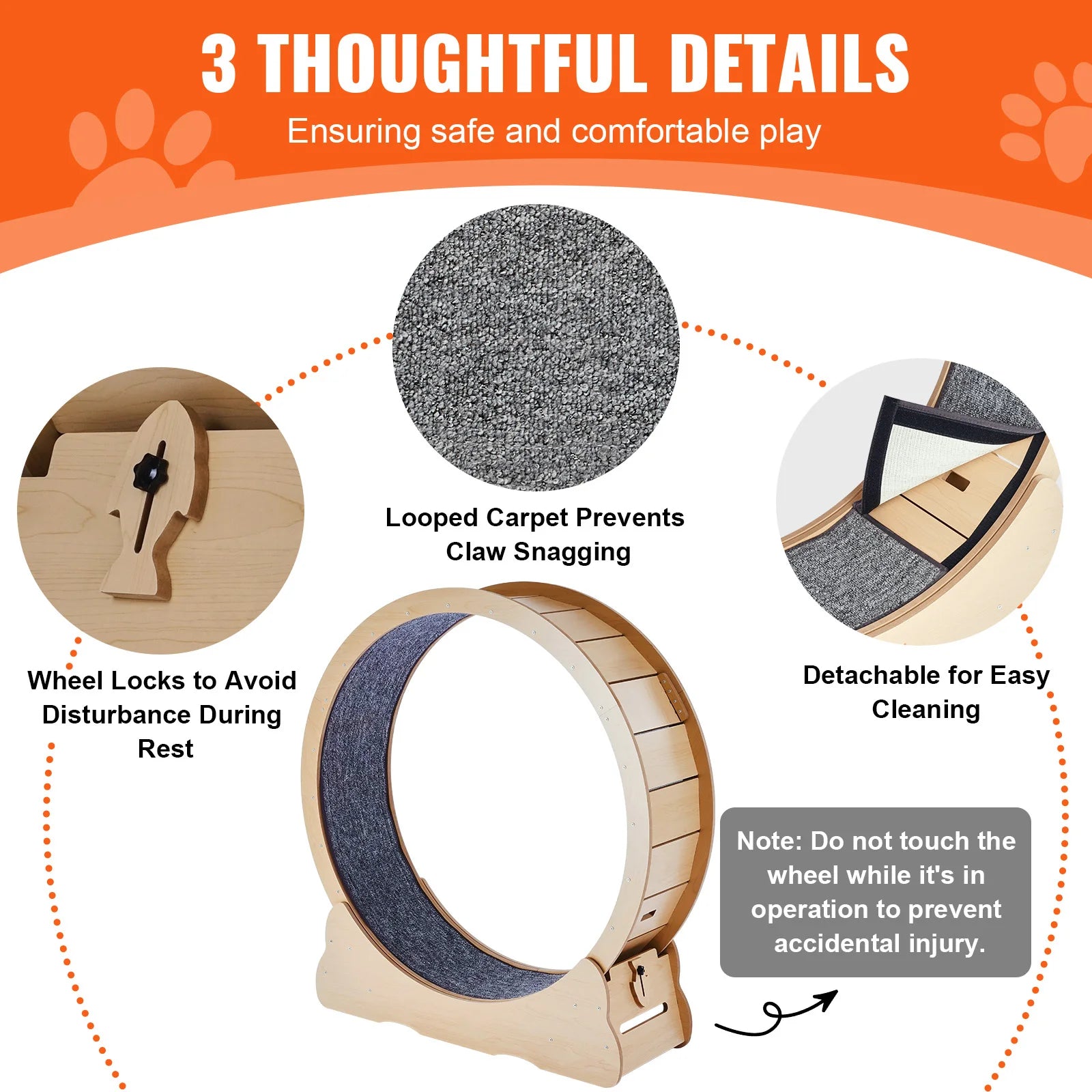 Wooden Cat Exercise Wheel with Detachable Carpet & Cat Teaser