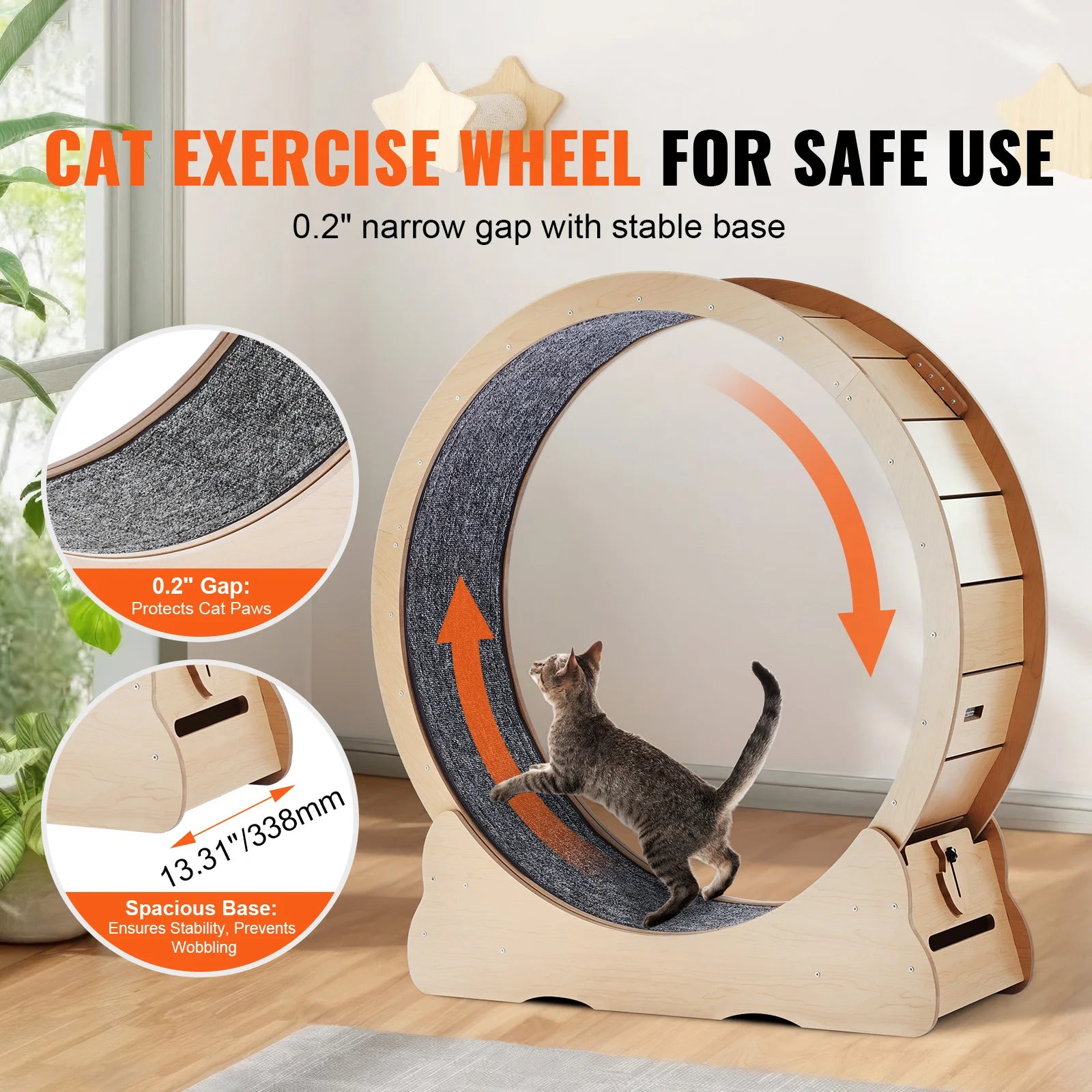 Wooden Cat Exercise Wheel with Detachable Carpet & Cat Teaser