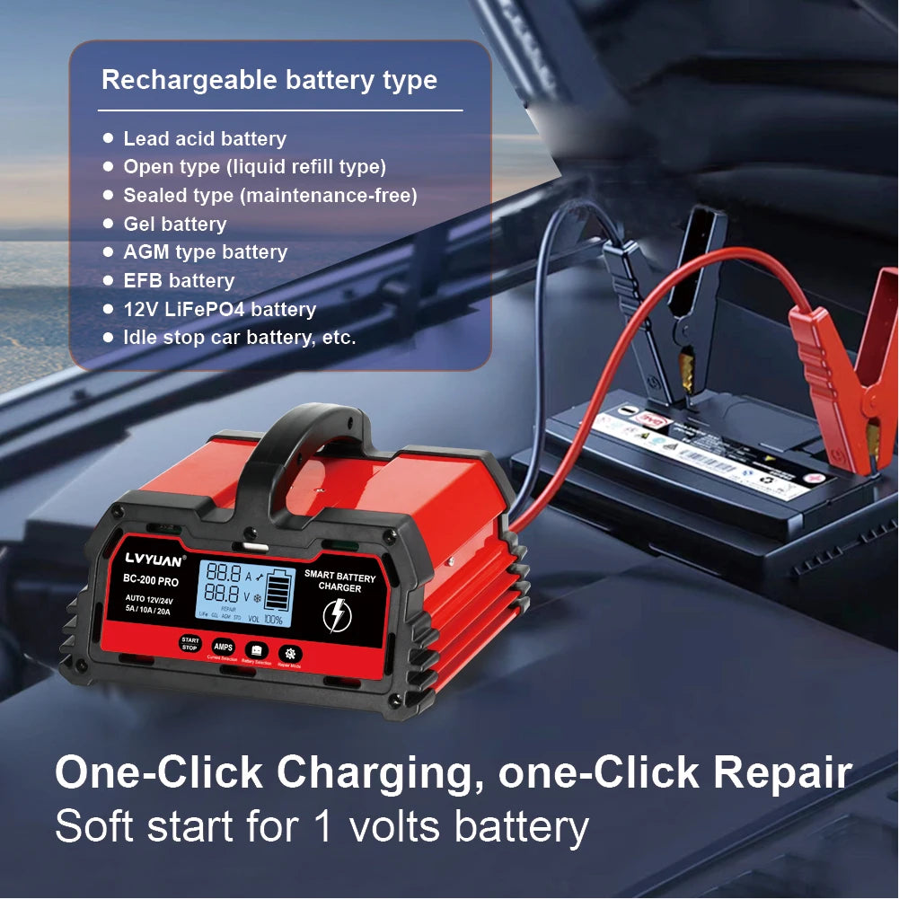 Auto DC12V 24V Battery Charger Smart LCD Display