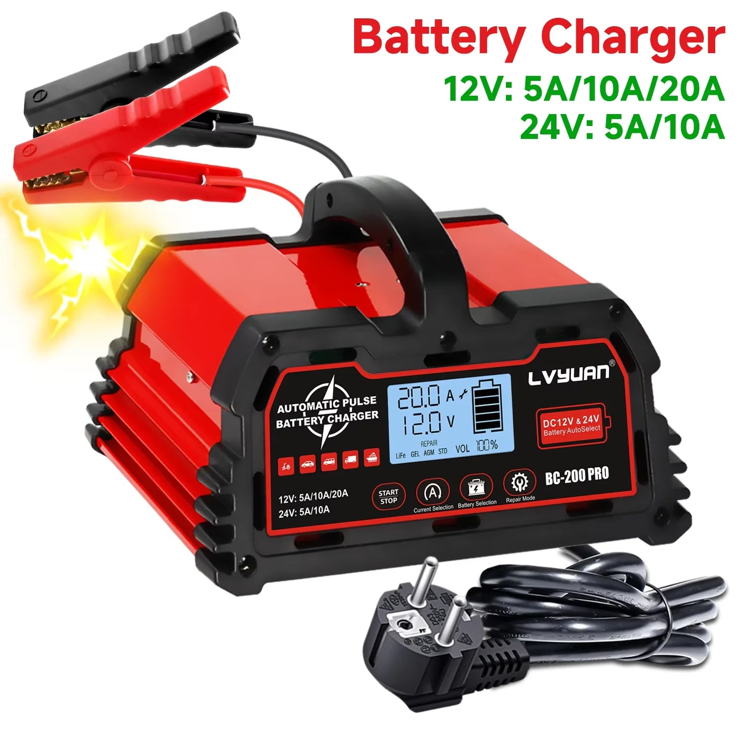 Auto DC12V 24V Battery Charger Smart LCD Display