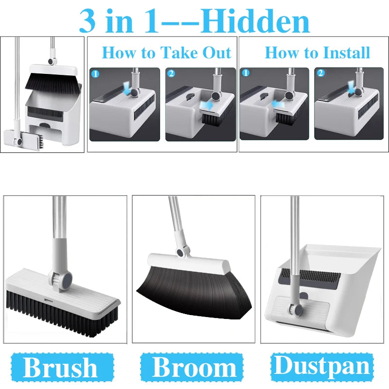 3in 1 Broom and Dustpan Set Floor Brush Long-handled
