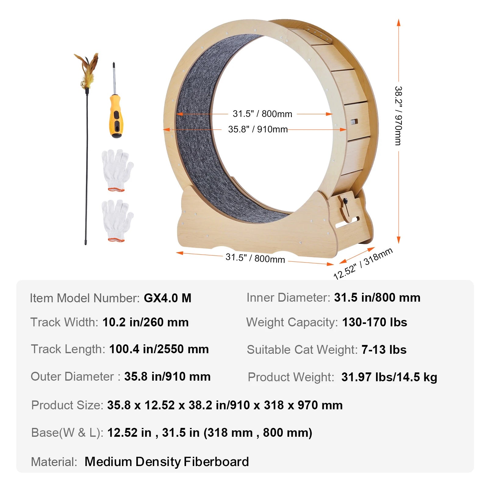 Wooden Cat Exercise Wheel with Detachable Carpet & Cat Teaser