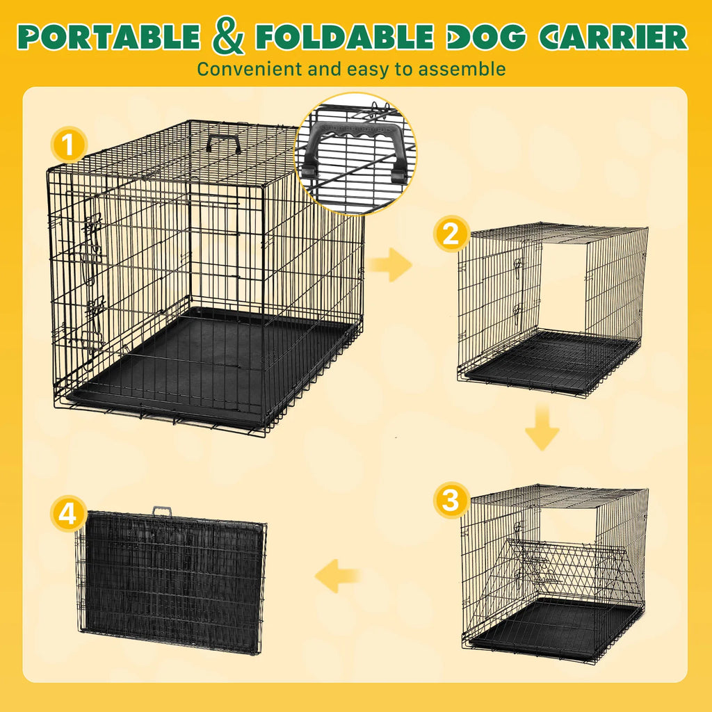 Double Door Folding Metal Wire Dog Crate with Plastic Leak-Proof Pan