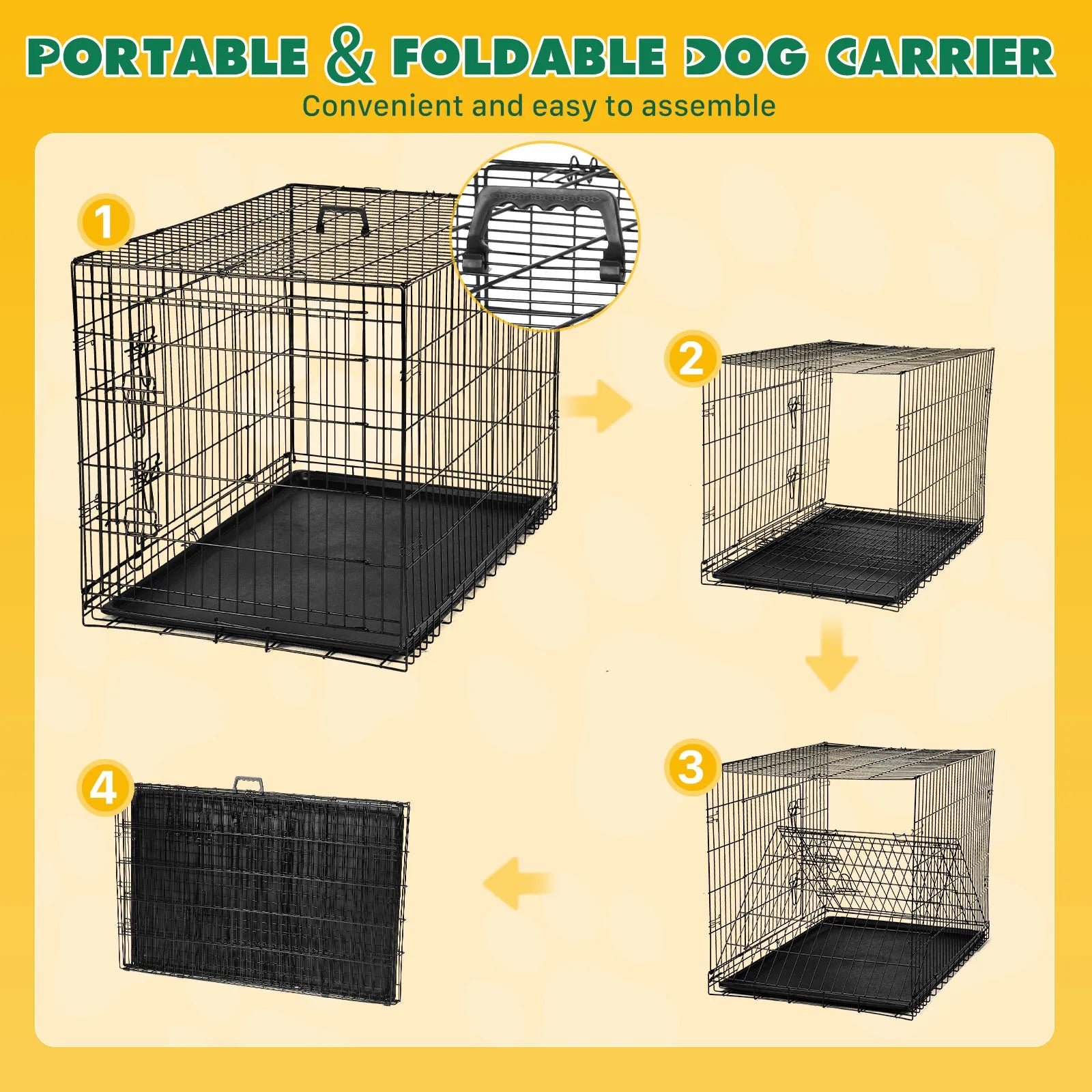 Double Door Folding Metal Wire Dog Crate with Plastic Leak-Proof Pan