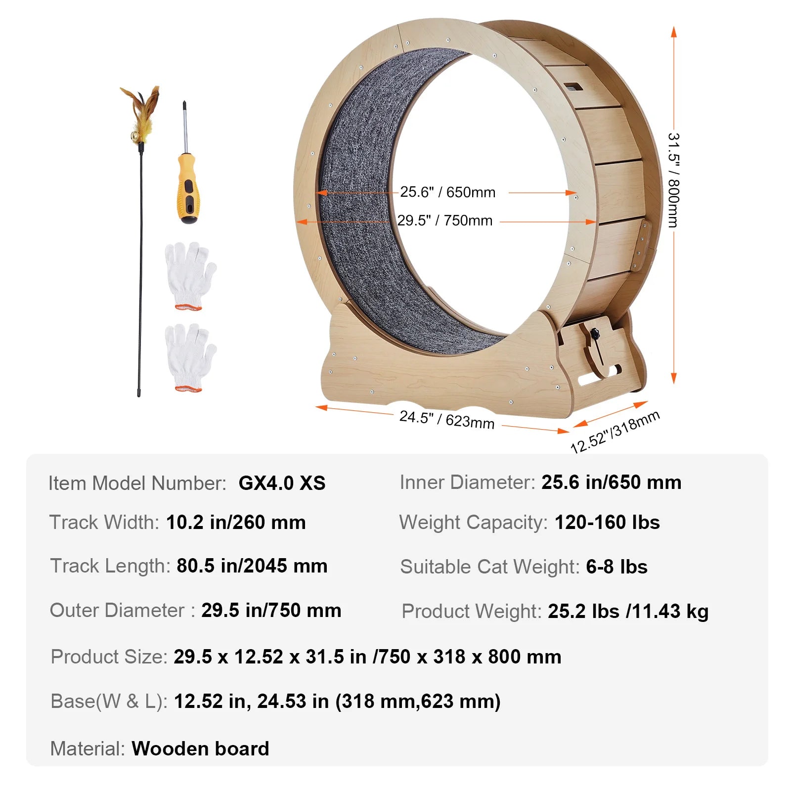 Wooden Cat Exercise Wheel with Detachable Carpet & Cat Teaser