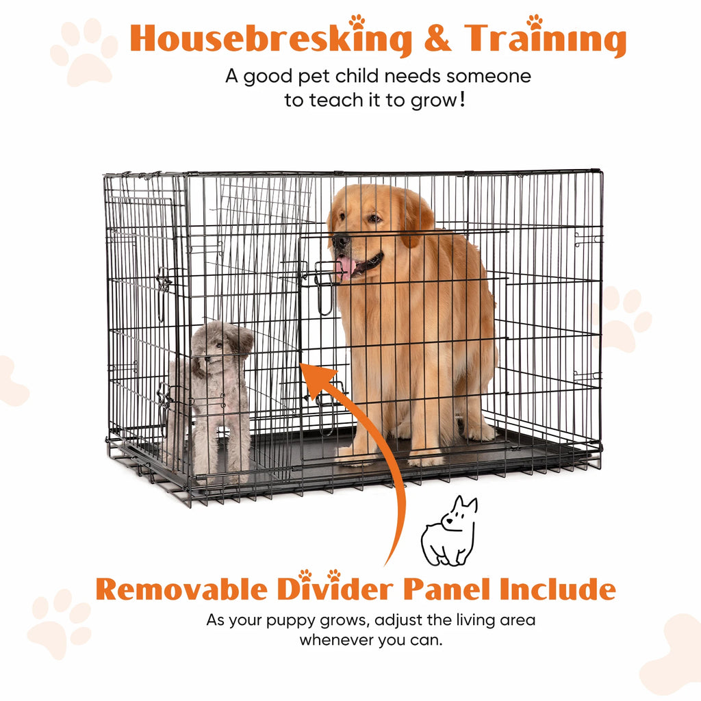 Double Door Folding Metal Wire Dog Crate with Plastic Leak-Proof Pan