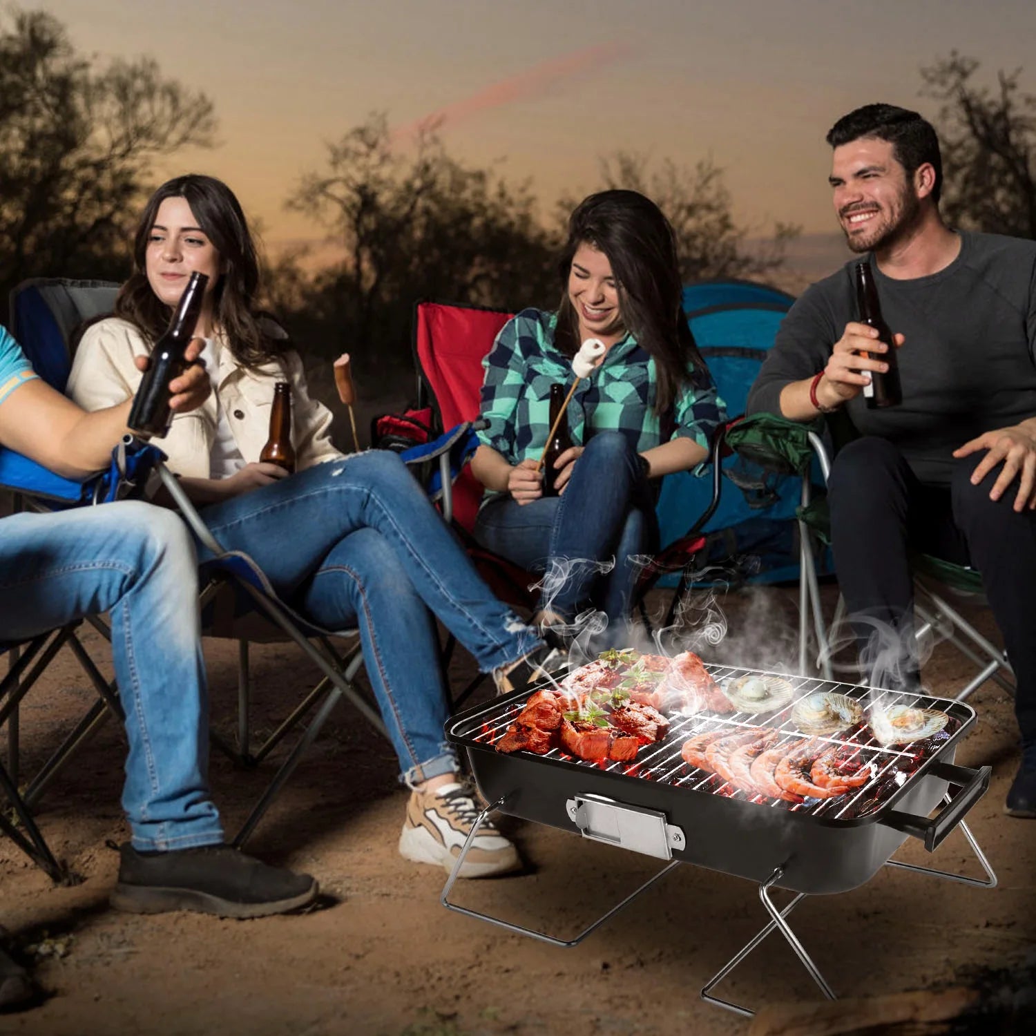 Portable Charcoal BBQ Grill         Folding Tabletop Smoker.   for Outdoor Camping Picnic Backyard Cooking