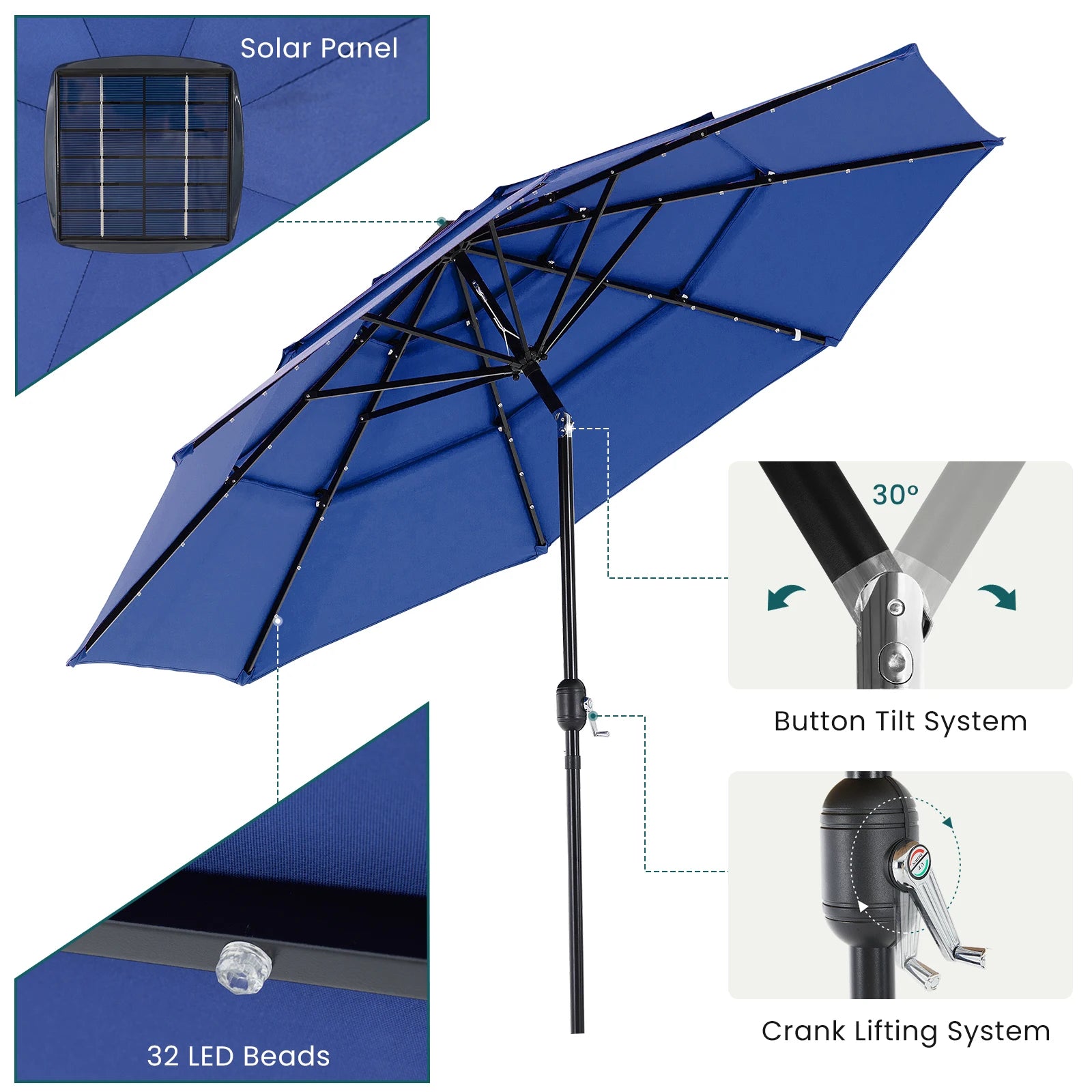 10FT, 3-Tier Patio Umbrella, 32 LED Solar Lights