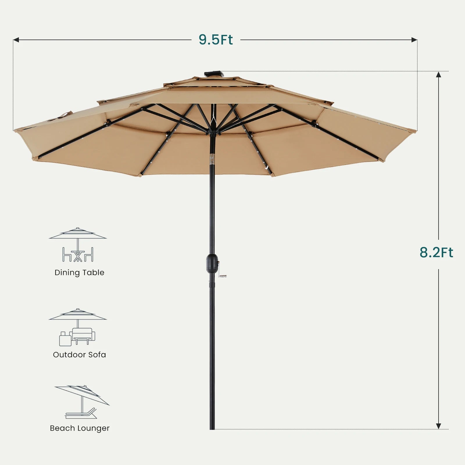 10FT, 3-Tier Patio Umbrella, 32 LED Solar Lights