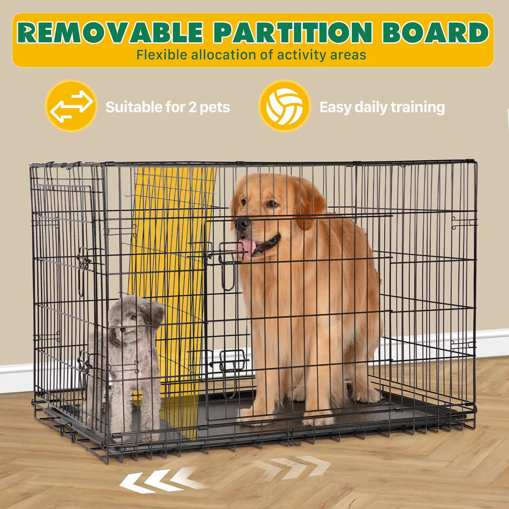 Double Door Folding Metal Wire Dog Crate with Plastic Leak-Proof Pan
