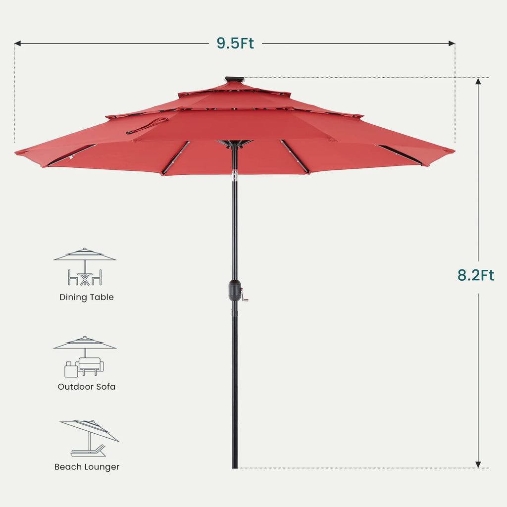 10FT, 3-Tier Patio Umbrella, 32 LED Solar Lights