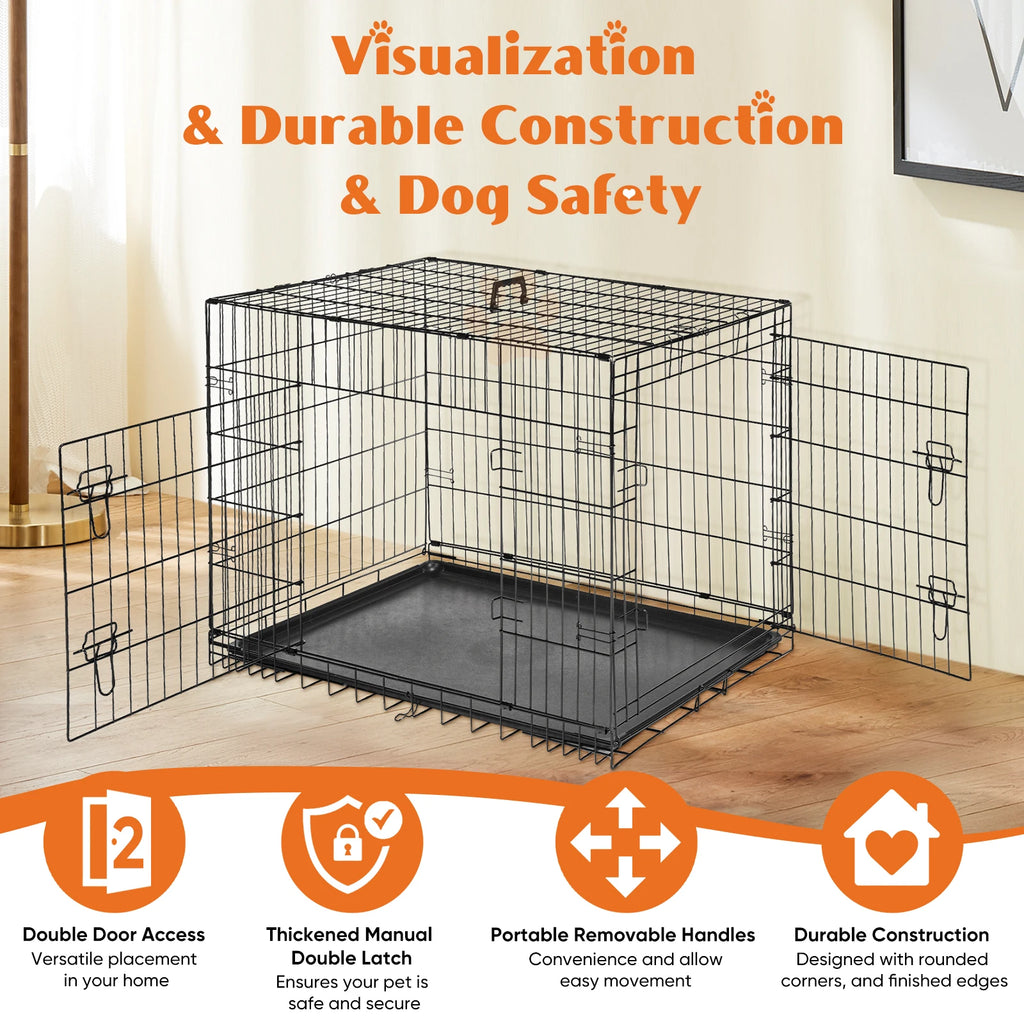 Double Door Folding Metal Wire Dog Crate with Plastic Leak-Proof Pan