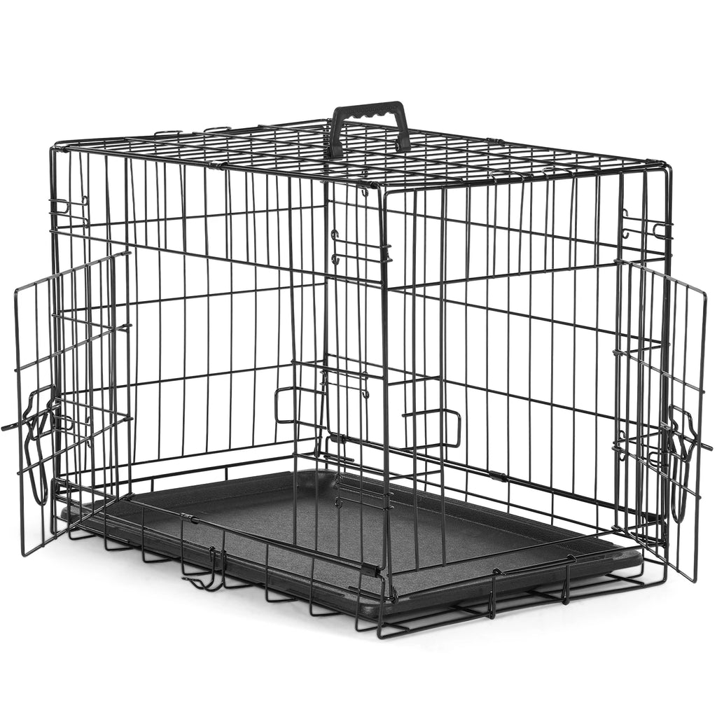 Double Door Folding Metal Wire Dog Crate with Plastic Leak-Proof Pan