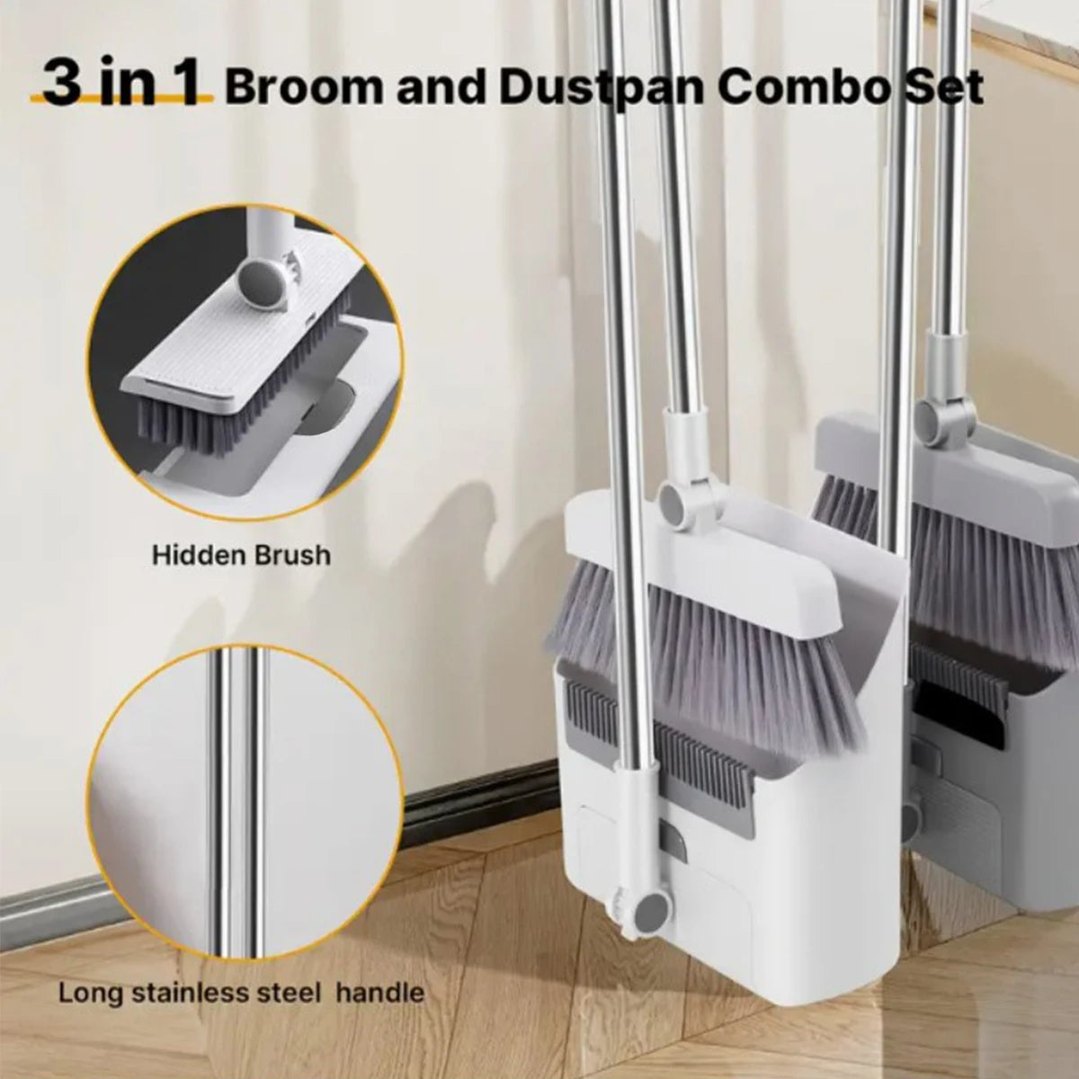 3in 1 Broom and Dustpan Set Floor Brush Long-handled