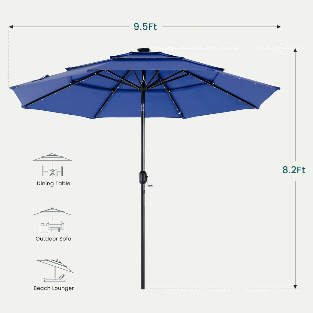 10FT, 3-Tier Patio Umbrella, 32 LED Solar Lights