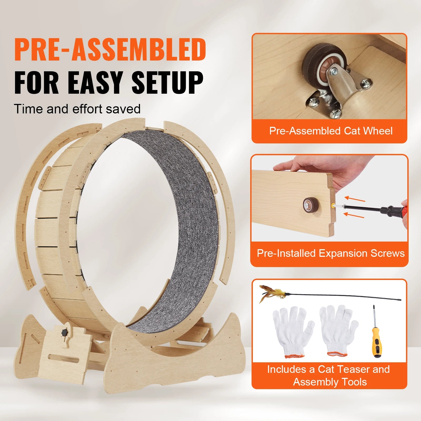 Wooden Cat Exercise Wheel with Detachable Carpet & Cat Teaser