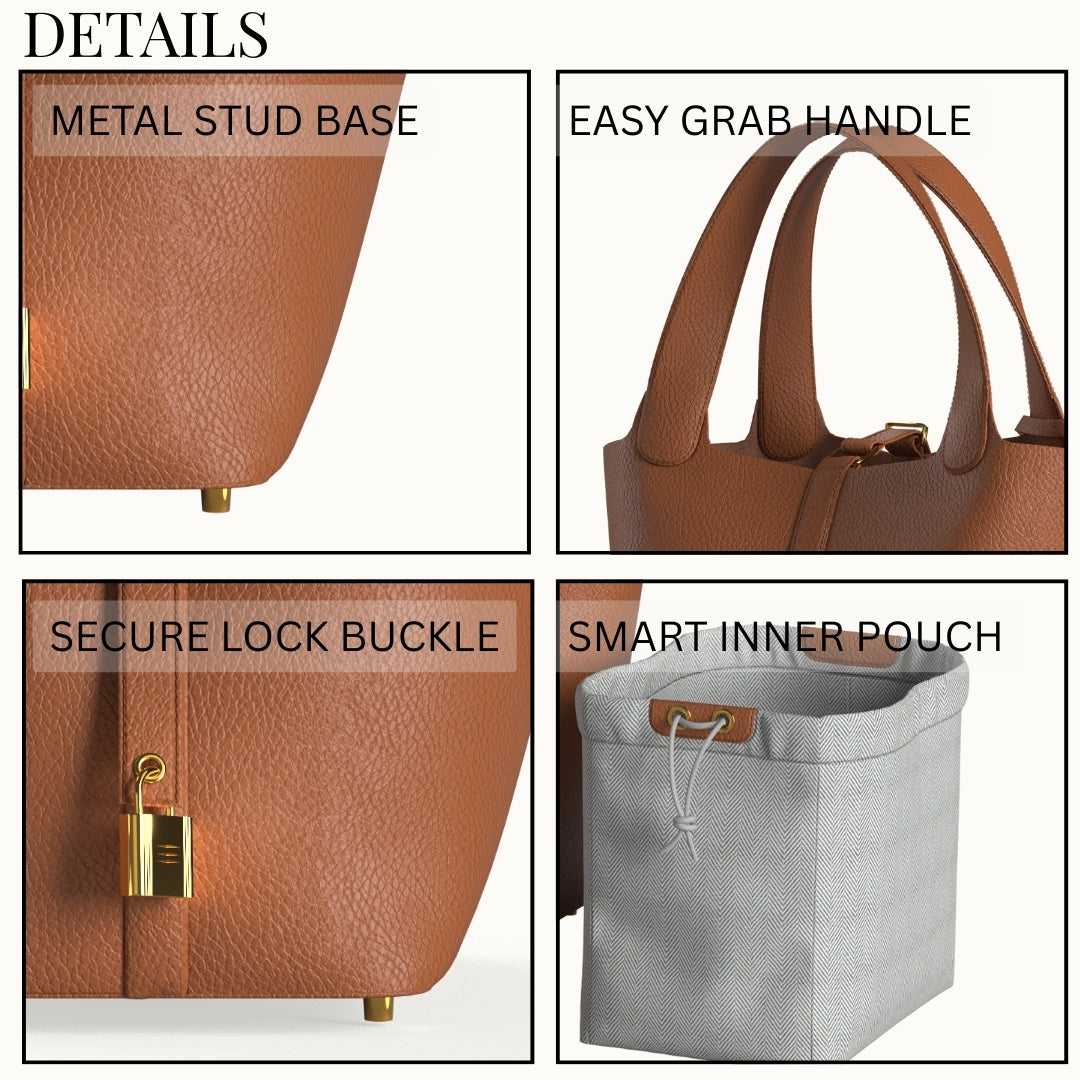 Leather Bucket Bag with Drawstring Pouch – Leather Satchel, Everyday Handbag with Mini Lock Design