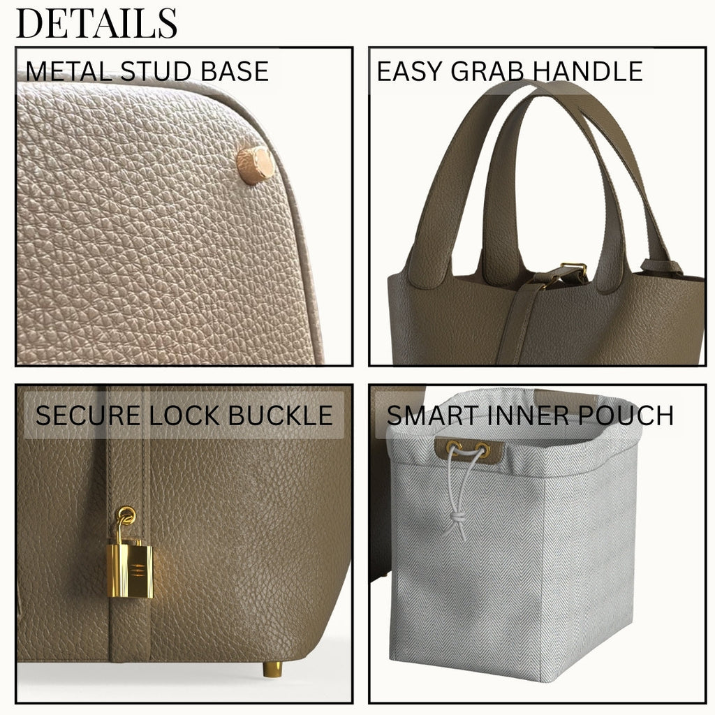 Leather Bucket Bag with Drawstring Pouch – Leather Satchel, Everyday Handbag with Mini Lock Design