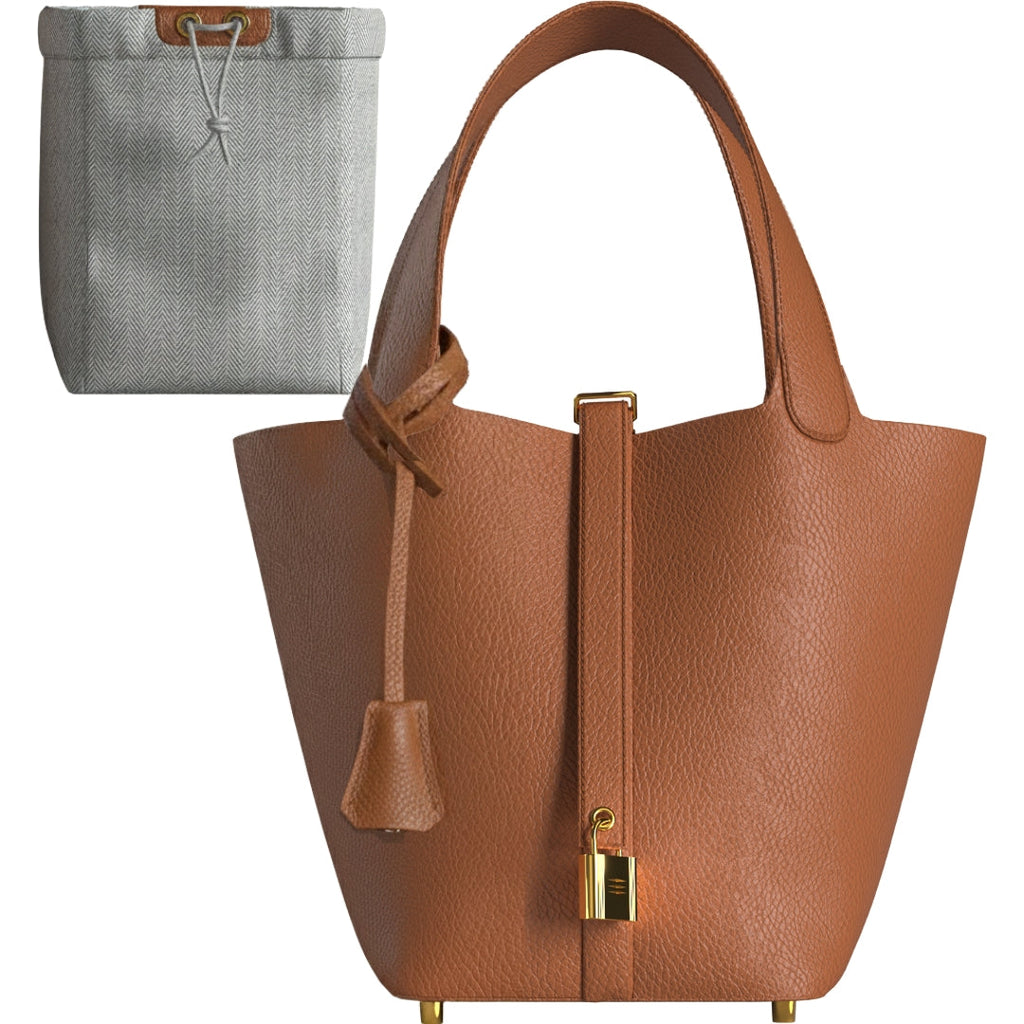 Leather Bucket Bag with Drawstring Pouch – Leather Satchel, Everyday Handbag with Mini Lock Design
