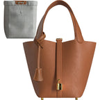 Leather Bucket Bag with Drawstring Pouch – Leather Satchel, Everyday Handbag with Mini Lock Design