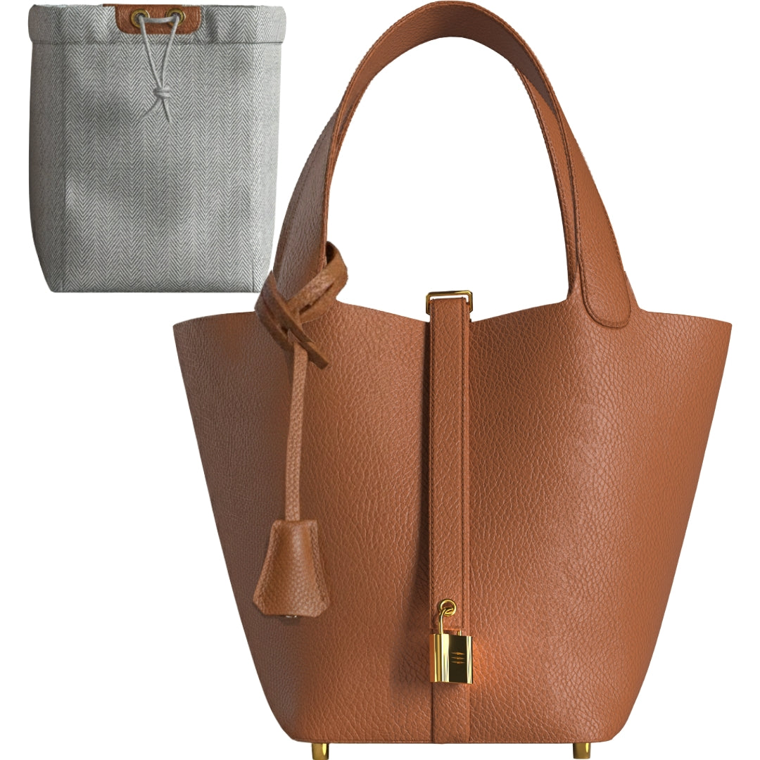 Leather Bucket Bag with Drawstring Pouch – Leather Satchel, Everyday Handbag with Mini Lock Design