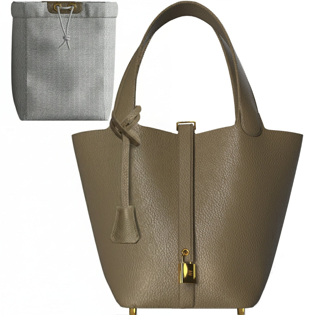 Leather Bucket Bag with Drawstring Pouch – Leather Satchel, Everyday Handbag with Mini Lock Design