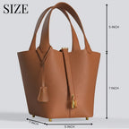 Leather Bucket Bag with Drawstring Pouch – Leather Satchel, Everyday Handbag with Mini Lock Design