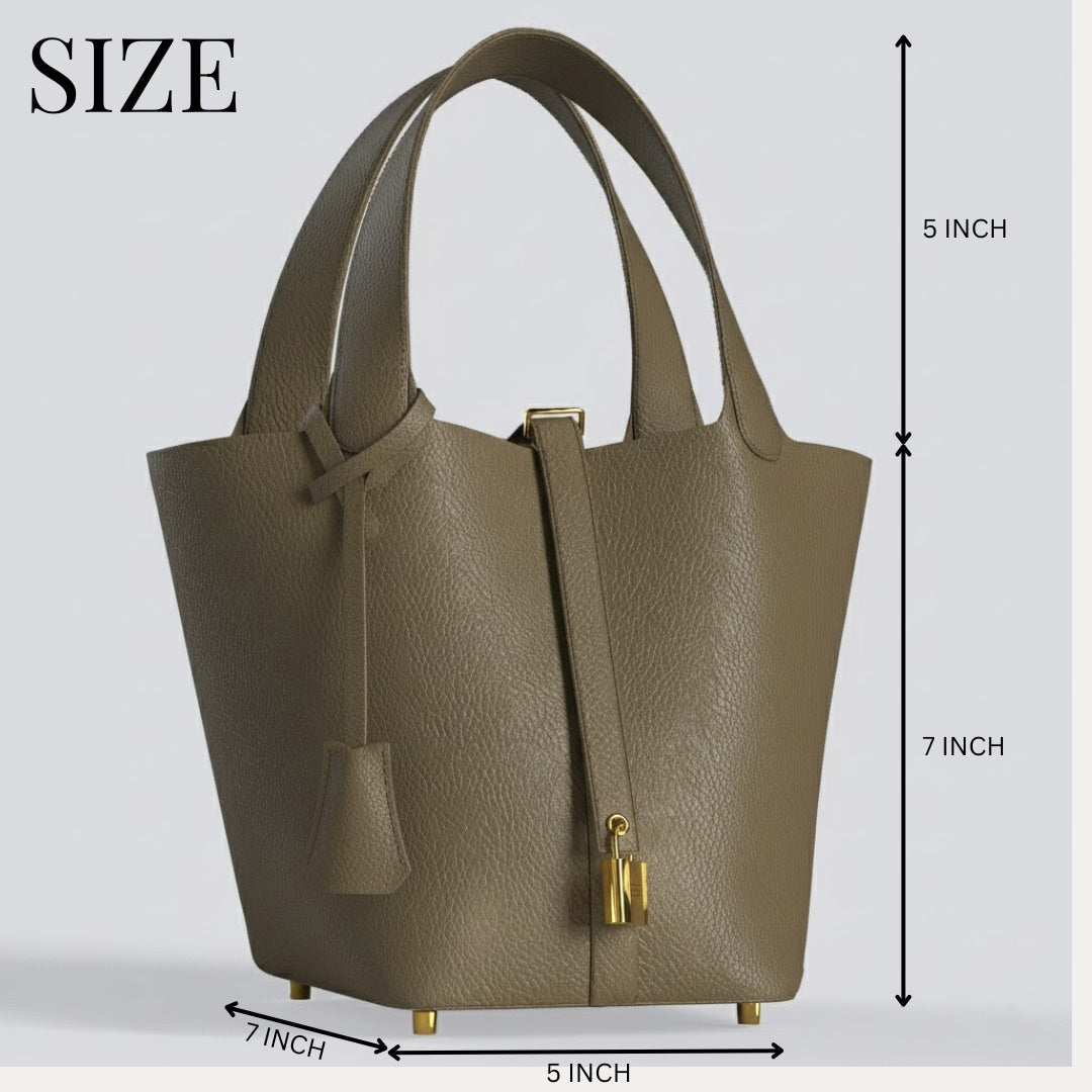 Leather Bucket Bag with Drawstring Pouch – Leather Satchel, Everyday Handbag with Mini Lock Design