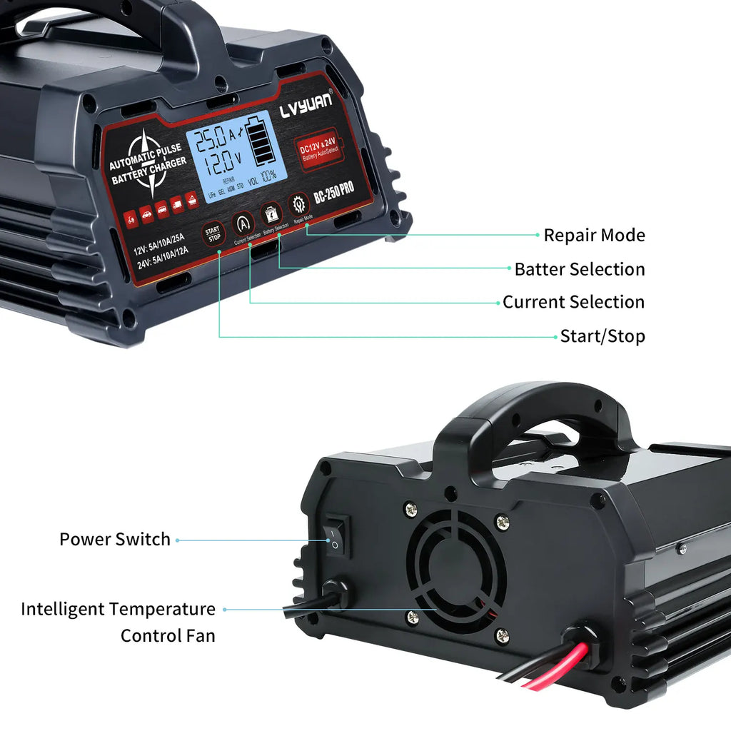 Auto DC12V 24V Battery Charger Smart LCD Display