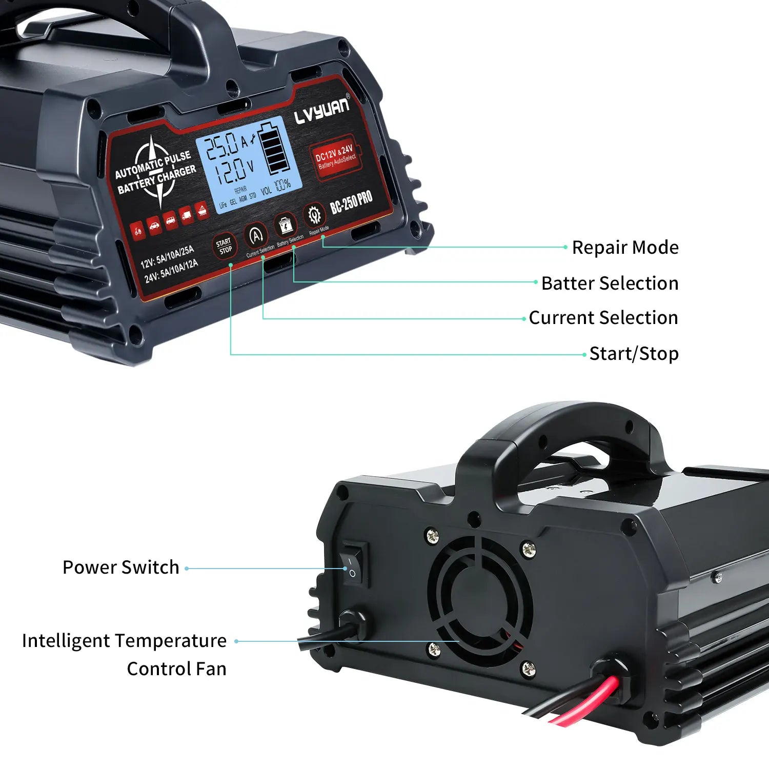 Auto DC12V 24V Battery Charger Smart LCD Display