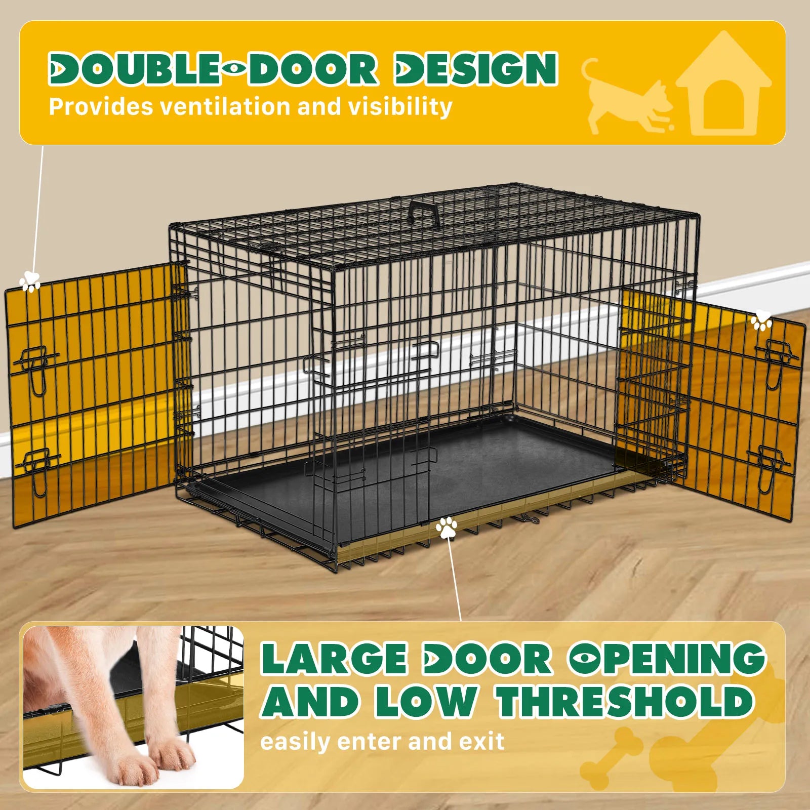 Double Door Folding Metal Wire Dog Crate with Plastic Leak-Proof Pan