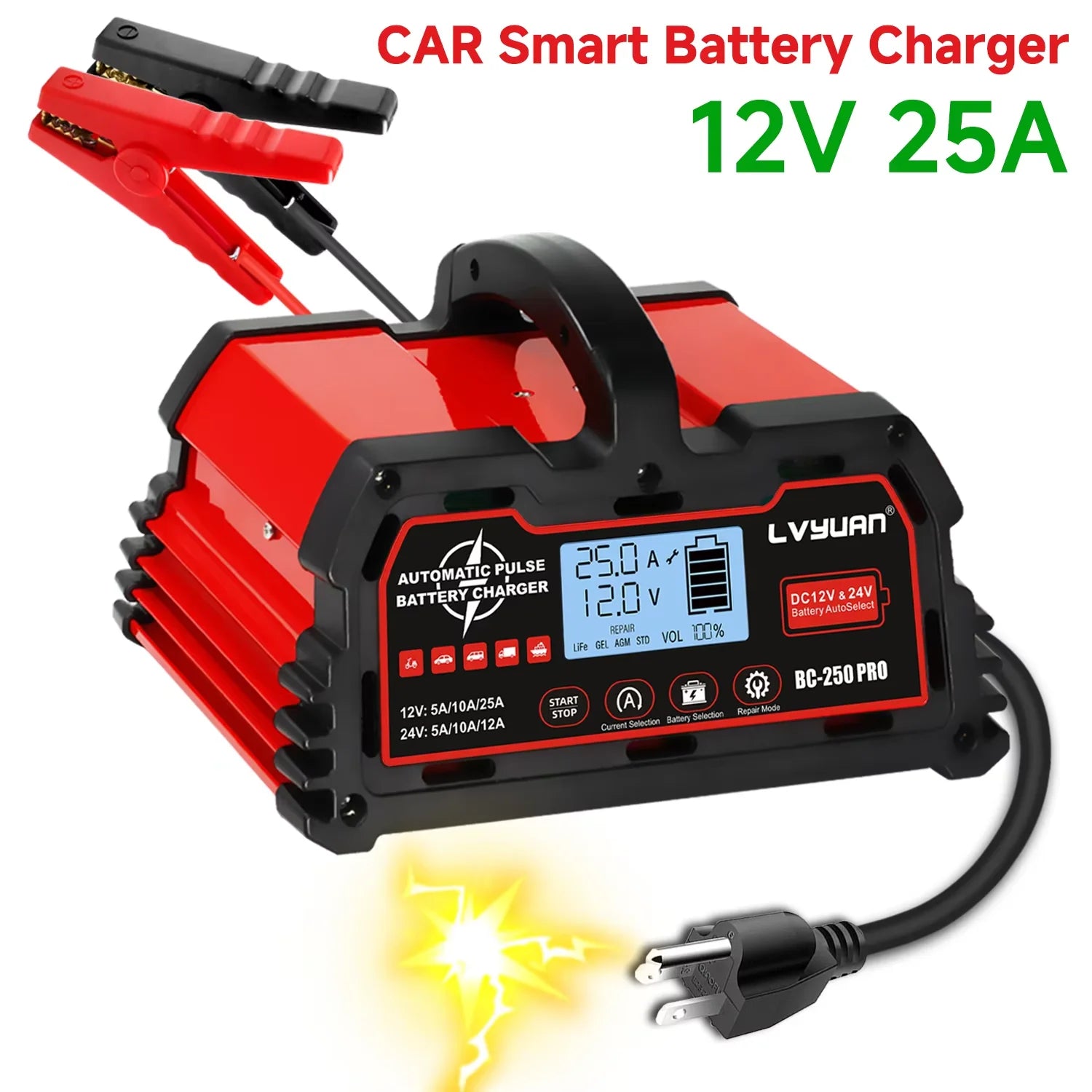 Auto DC12V 24V Battery Charger Smart LCD Display