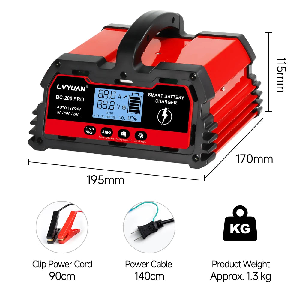 Auto DC12V 24V Battery Charger Smart LCD Display