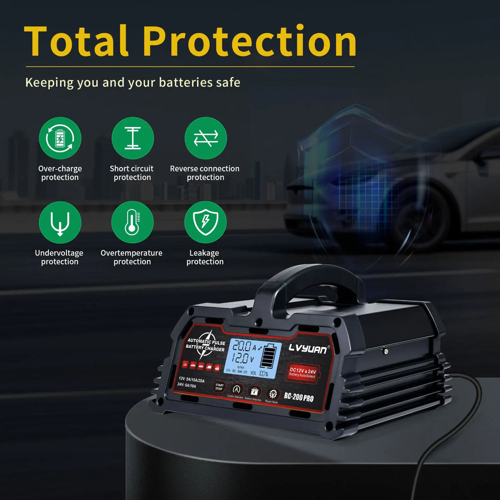 Auto DC12V 24V Battery Charger Smart LCD Display